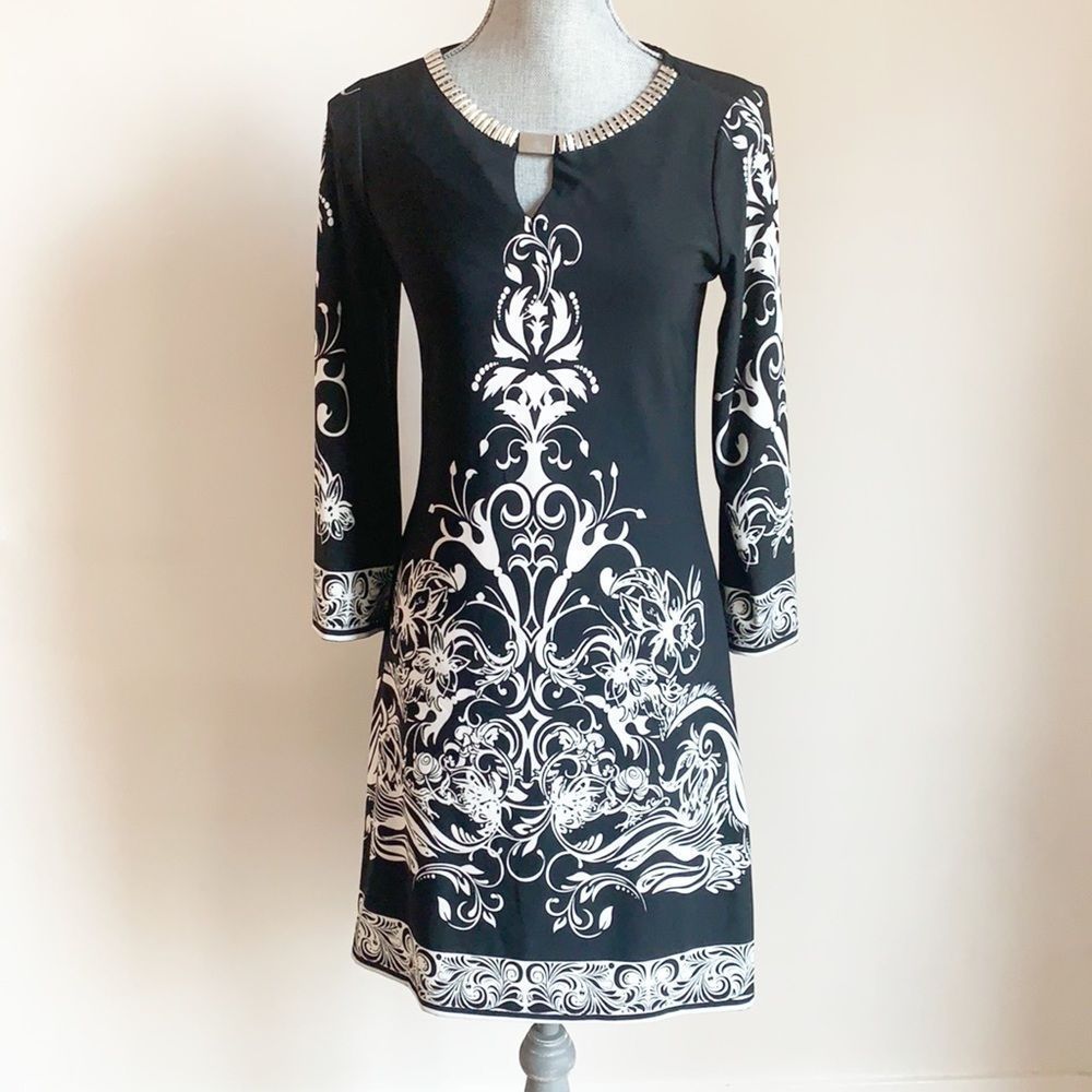 Haani black and white bell sleeve party cocktail dress w beaded neck